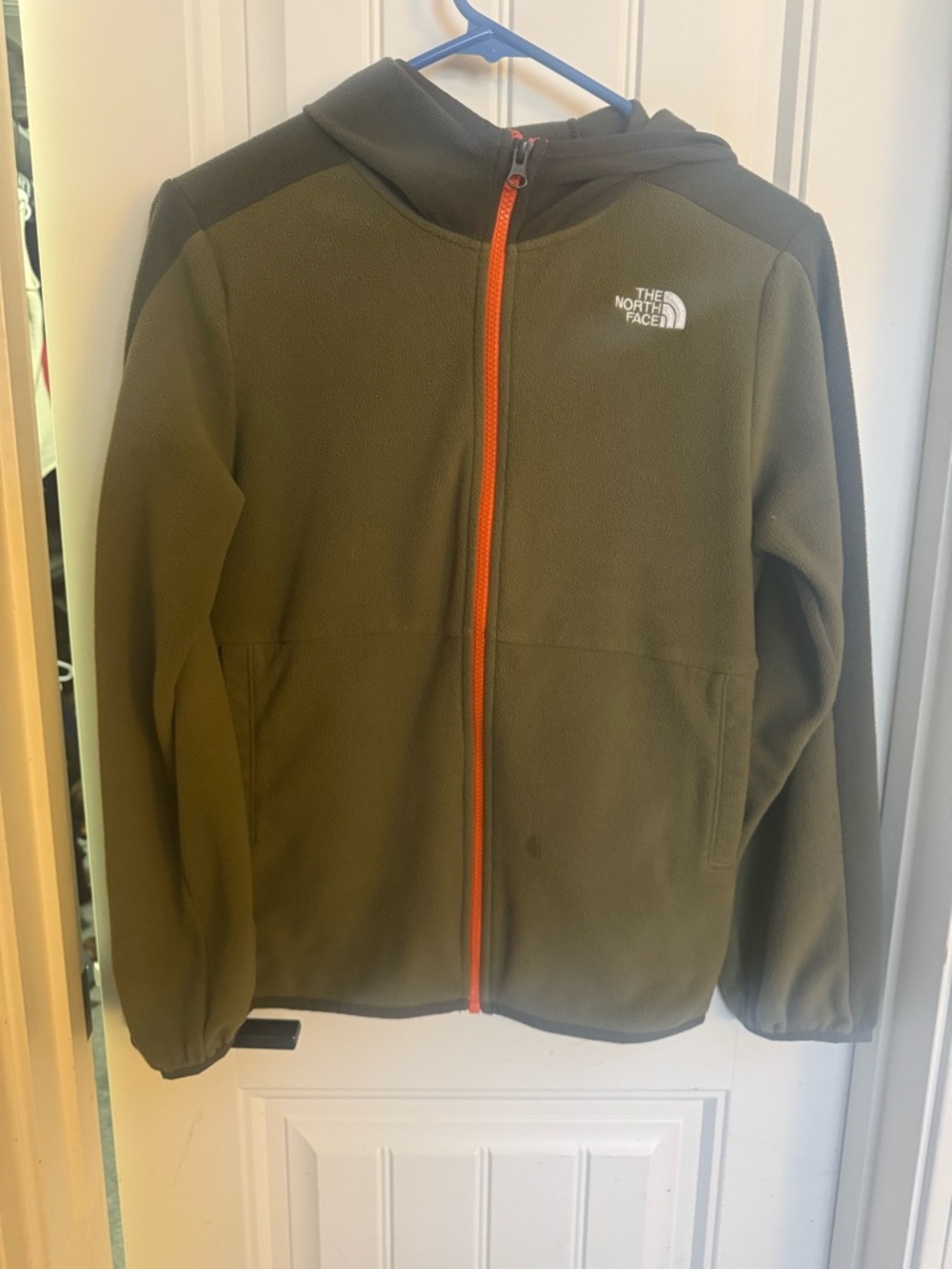 The North Face Olive Green Fleece Jacket with Orange Trim